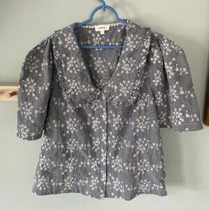 Bohme Navy Gingham Floral Peter Pan Collar Top Size XL